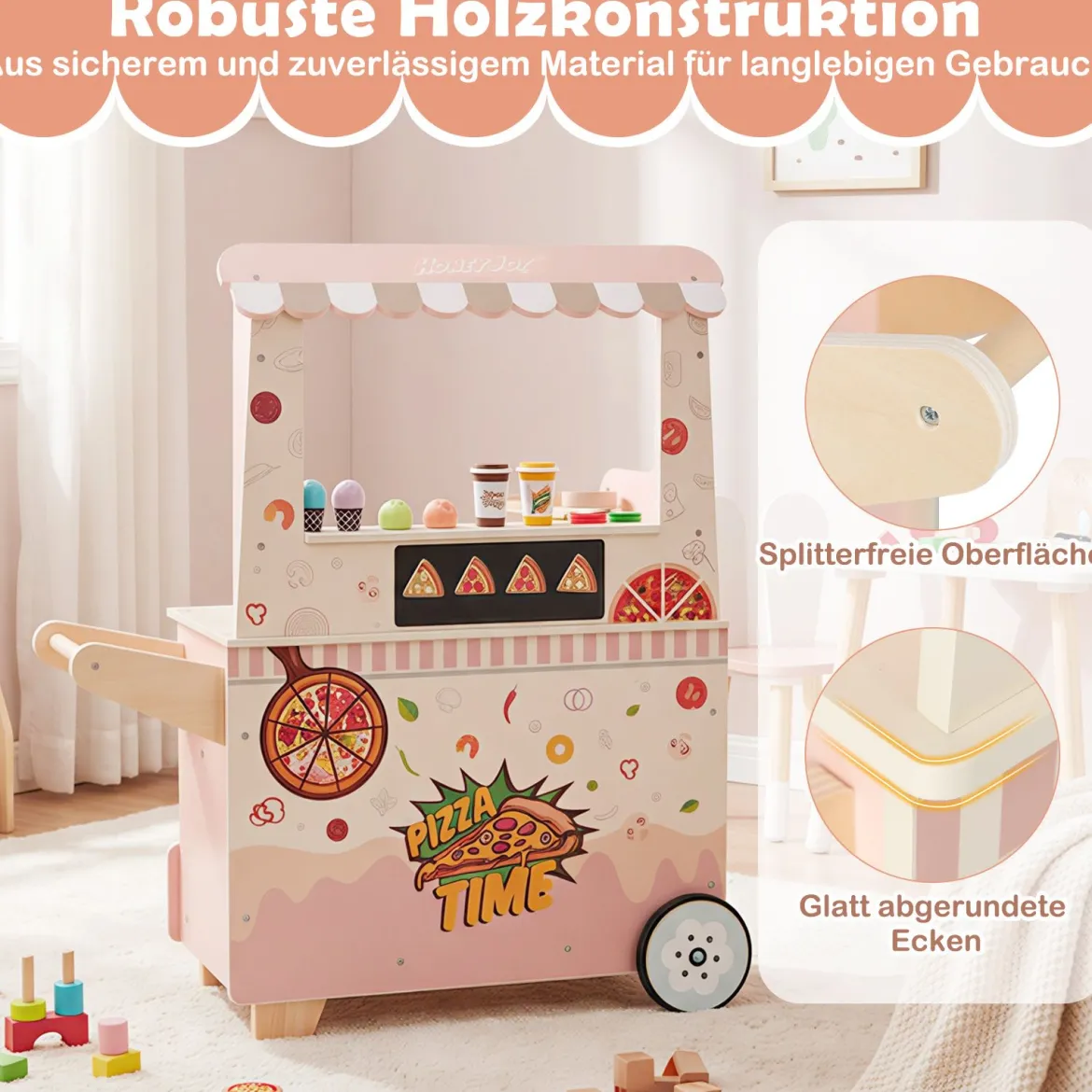 Kinder Pizza Food Truck Holz-Snackwagen zum Rollenspielen mit Ofen magnetische Tafel Rosa