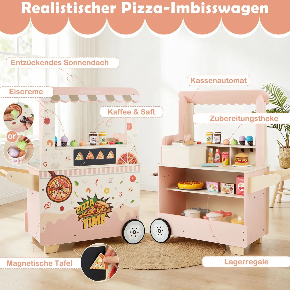 Kinder Pizza Food Truck Holz-Snackwagen zum Rollenspielen mit Ofen magnetische Tafel Rosa
