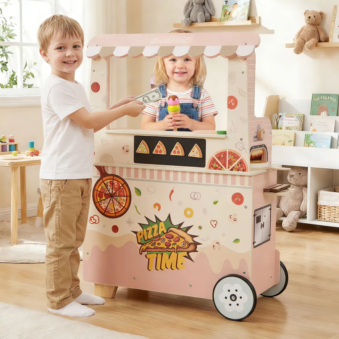 Kinder Pizza Food Truck Holz-Snackwagen zum Rollenspielen mit Ofen magnetische Tafel Rosa