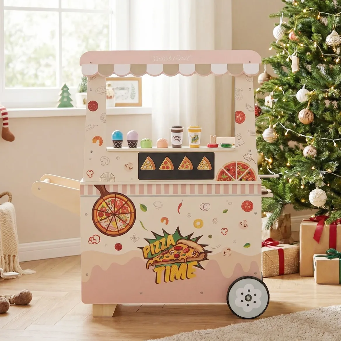 Kinder Pizza Food Truck Holz-Snackwagen zum Rollenspielen mit Ofen magnetische Tafel Rosa