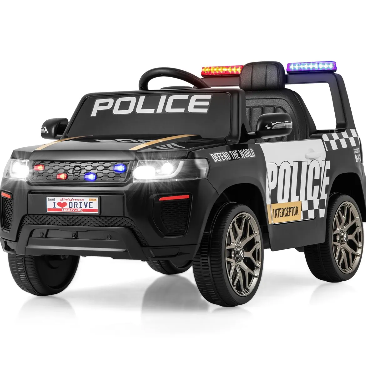 Kinder-Polizeiauto 12V betriebenes Polizeiauto mit Fernbedienung kabelloser Verbindung Musik Hupe Sirene & LED-Blinklichtern Schwarz