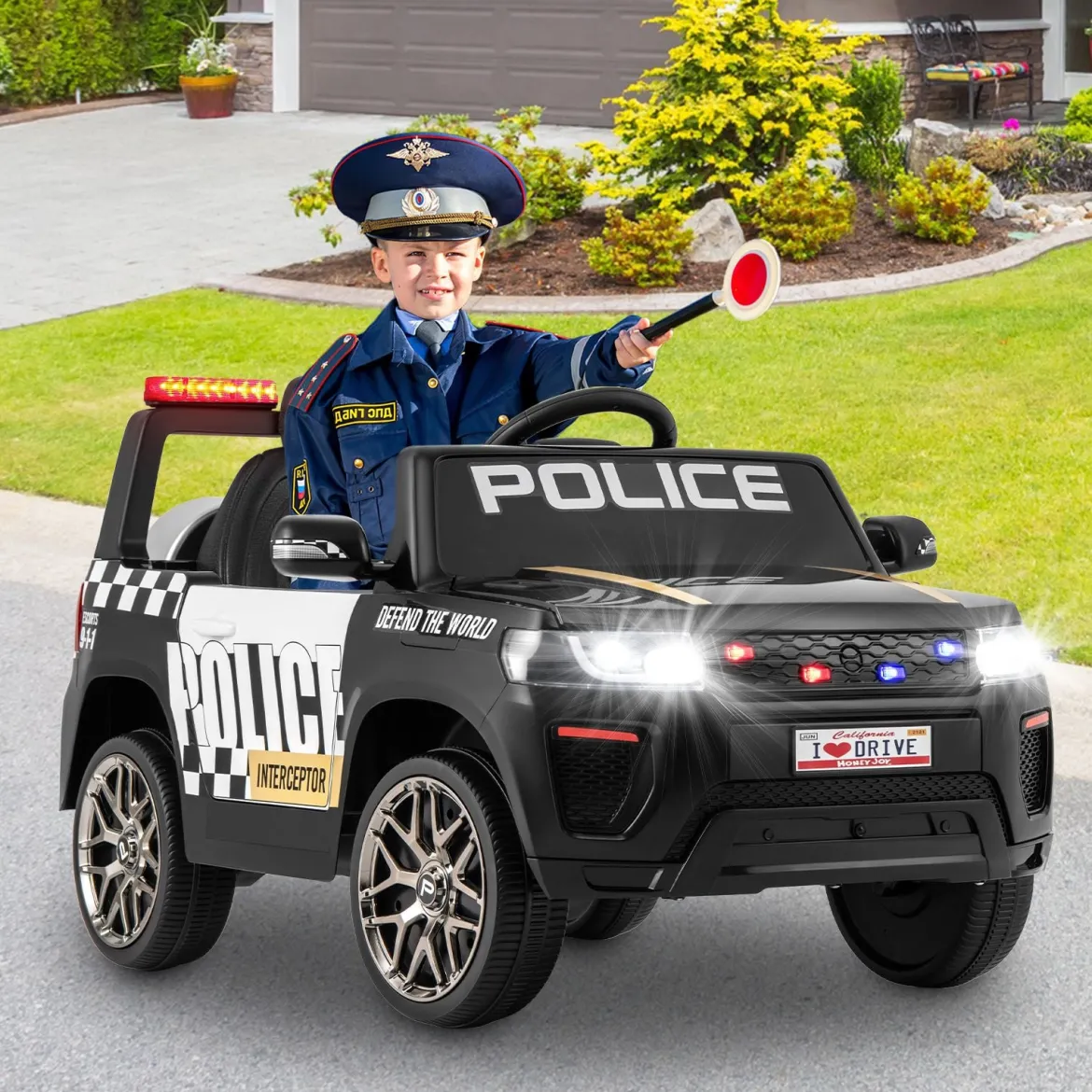 Kinder-Polizeiauto 12V betriebenes Polizeiauto mit Fernbedienung kabelloser Verbindung Musik Hupe Sirene & LED-Blinklichtern Schwarz