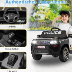 Kinder-Polizeiauto 12V betriebenes Polizeiauto mit Fernbedienung kabelloser Verbindung Musik Hupe Sirene & LED-Blinklichtern Schwarz
