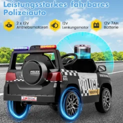 Kinder-Polizeiauto 12V betriebenes Polizeiauto mit Fernbedienung kabelloser Verbindung Musik Hupe Sirene & LED-Blinklichtern Schwarz
