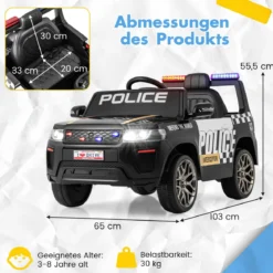 Kinder-Polizeiauto 12V betriebenes Polizeiauto mit Fernbedienung kabelloser Verbindung Musik Hupe Sirene & LED-Blinklichtern Schwarz