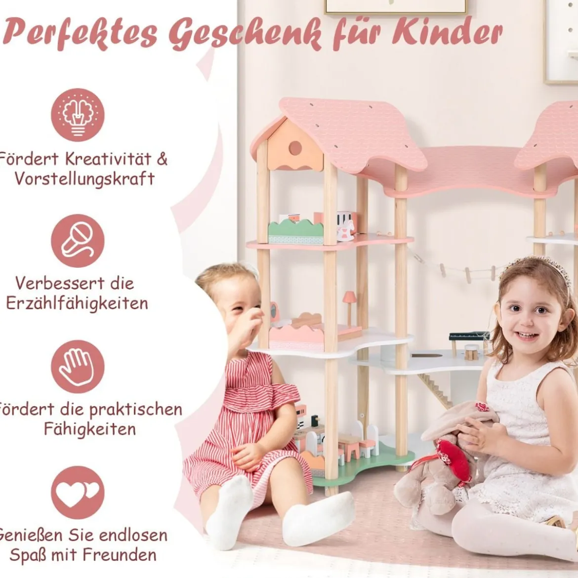 Kinder Puppenhaus aus Holz mit 32 Realistischen Möbelzubehörteilen & Dächern DIY Traumhaus