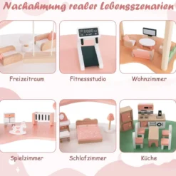 Kinder Puppenhaus aus Holz mit 32 Realistischen Möbelzubehörteilen & Dächern DIY Traumhaus