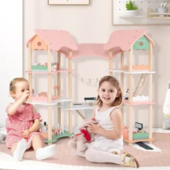 Kinder Puppenhaus aus Holz mit 32 Realistischen Möbelzubehörteilen & Dächern DIY Traumhaus