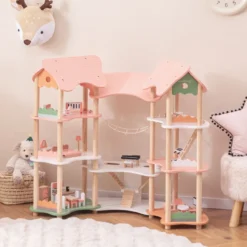 Kinder Puppenhaus aus Holz mit 32 Realistischen Möbelzubehörteilen & Dächern DIY Traumhaus
