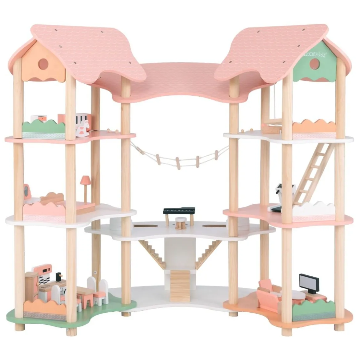 Kinder Puppenhaus aus Holz mit 32 Realistischen Möbelzubehörteilen & Dächern DIY Traumhaus
