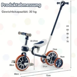 Kinderrad 4-in-1-Vorschulrad mit Eltern-Schiebegriff 37 x 72 x 101 cm Blau/Grün/Rosa
