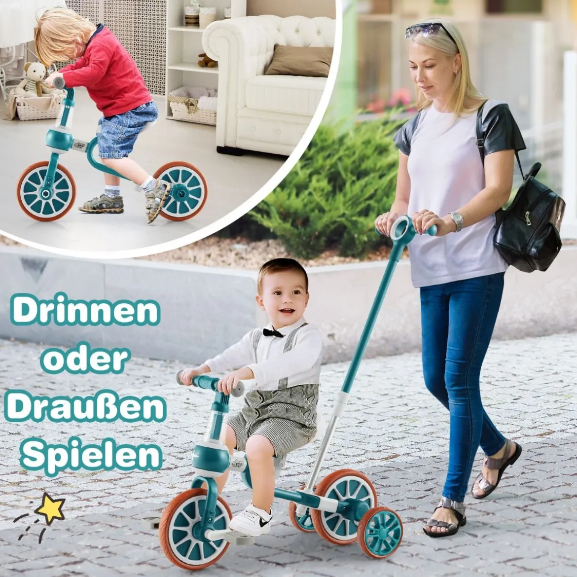 Kinderrad 4-in-1-Vorschulrad mit Eltern-Schiebegriff 37 x 72 x 101 cm Blau/Grün/Rosa