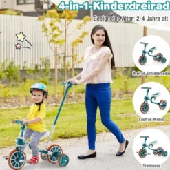 Kinderrad 4-in-1-Vorschulrad mit Eltern-Schiebegriff 37 x 72 x 101 cm Blau/Grün/Rosa