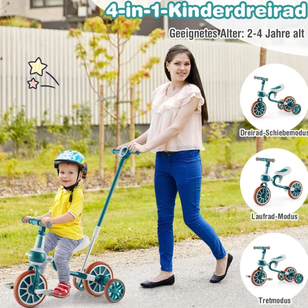 Kinderrad 4-in-1-Vorschulrad mit Eltern-Schiebegriff 37 x 72 x 101 cm Blau/Grün/Rosa