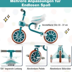 Kinderrad 4-in-1-Vorschulrad mit Eltern-Schiebegriff 37 x 72 x 101 cm Blau/Grün/Rosa