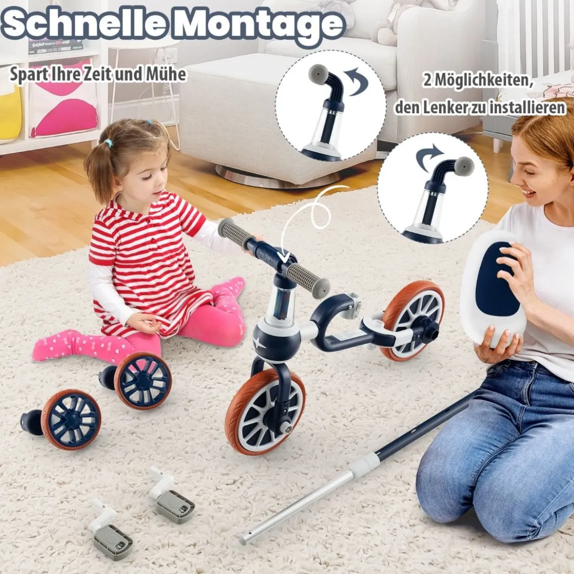 Kinderrad 4-in-1-Vorschulrad mit Eltern-Schiebegriff 37 x 72 x 101 cm Blau/Grün/Rosa