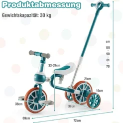 Kinderrad 4-in-1-Vorschulrad mit Eltern-Schiebegriff 37 x 72 x 101 cm Blau/Grün/Rosa
