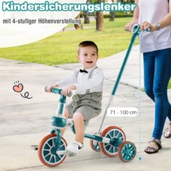 Kinderrad 4-in-1-Vorschulrad mit Eltern-Schiebegriff 37 x 72 x 101 cm Blau/Grün/Rosa