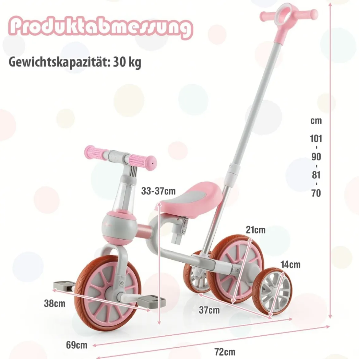 Kinderrad 4-in-1-Vorschulrad mit Eltern-Schiebegriff 37 x 72 x 101 cm Blau/Grün/Rosa