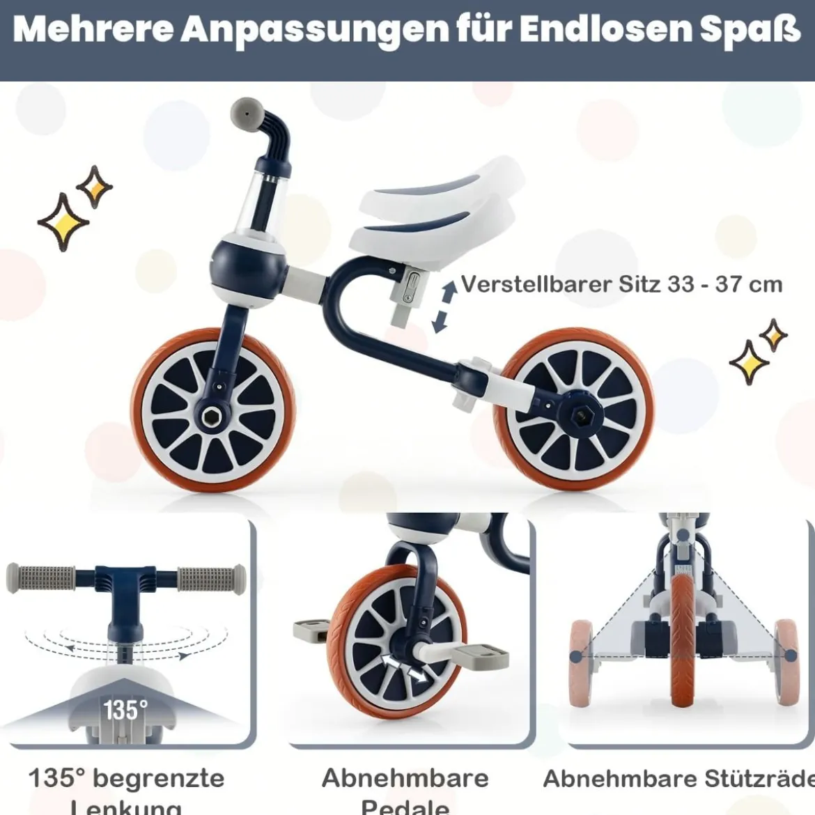 Kinderrad 4-in-1-Vorschulrad mit Eltern-Schiebegriff 37 x 72 x 101 cm Marine