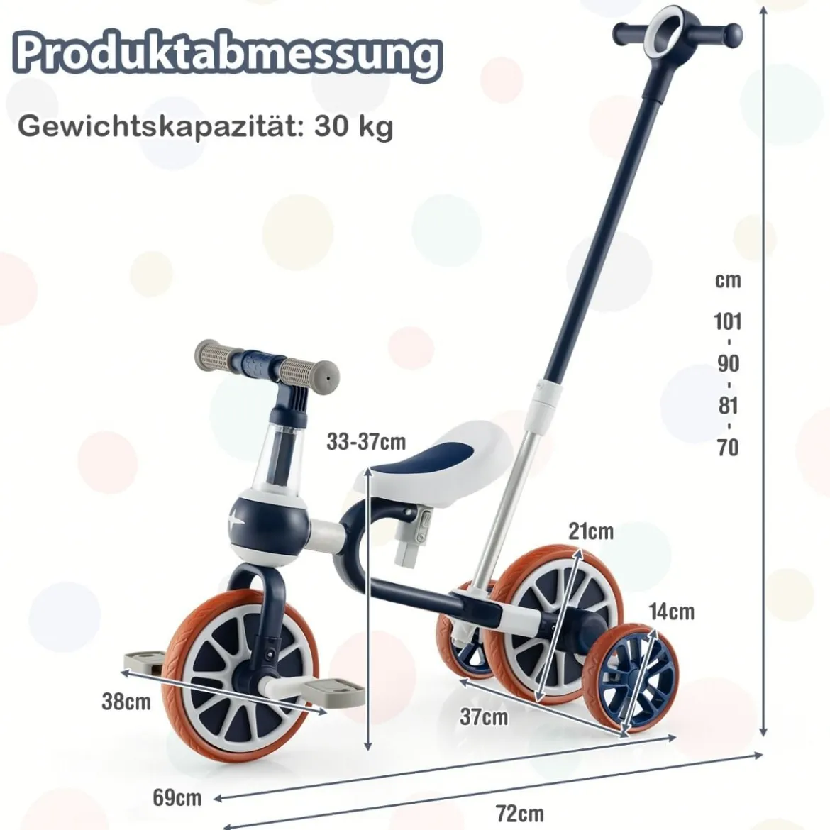 Kinderrad 4-in-1-Vorschulrad mit Eltern-Schiebegriff 37 x 72 x 101 cm Marine