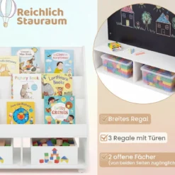 Kinderregal aus Holz Kinder Bücherregal mit Rollen & Kreidetafel Spielzeugregal mit 3 Regale & 2 Fächern Weiß