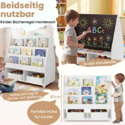 Kinderregal aus Holz Kinder Bücherregal mit Rollen & Kreidetafel Spielzeugregal mit 3 Regale & 2 Fächern Weiß