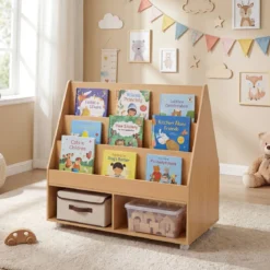 Kinderregal aus Holz Kinder Bücherregal mit Rollen & Kreidetafel Spielzeugregal mit 3 Regale & 2 Fächern