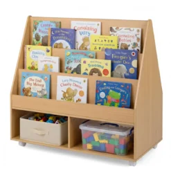 Kinderregal aus Holz Kinder Bücherregal mit Rollen & Kreidetafel Spielzeugregal mit 3 Regale & 2 Fächern