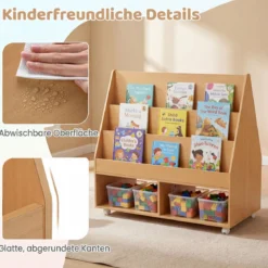 Kinderregal aus Holz Kinder Bücherregal mit Rollen & Kreidetafel Spielzeugregal mit 3 Regale & 2 Fächern