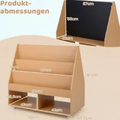 Kinderregal aus Holz Kinder Bücherregal mit Rollen & Kreidetafel Spielzeugregal mit 3 Regale & 2 Fächern