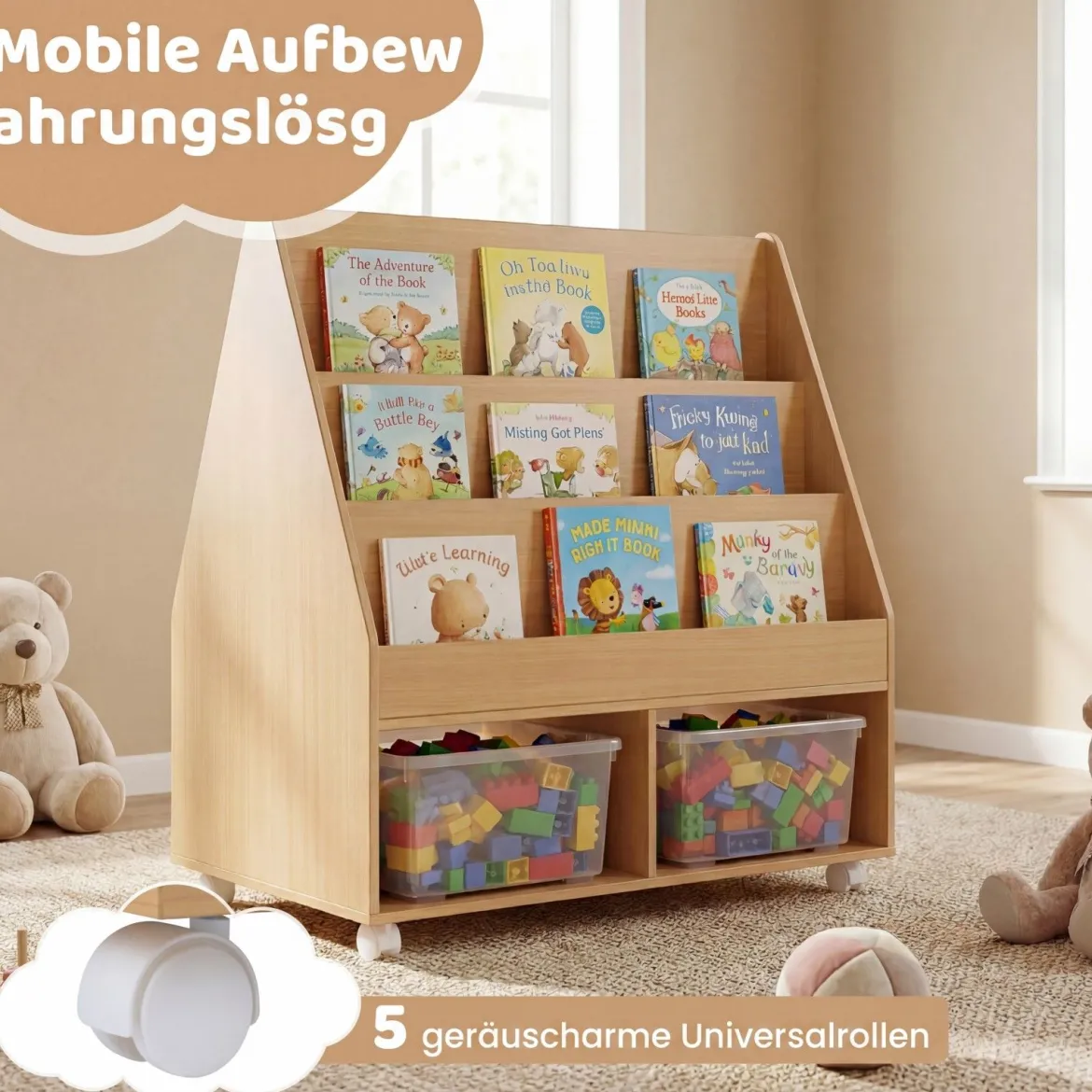 Kinderregal aus Holz Kinder Bücherregal mit Rollen & Kreidetafel Spielzeugregal mit 3 Regale & 2 Fächern