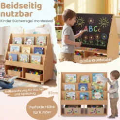 Kinderregal aus Holz Kinder Bücherregal mit Rollen & Kreidetafel Spielzeugregal mit 3 Regale & 2 Fächern