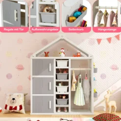 Kinderregal in Hausform mit Kleiderstange Kinder Bücherregal Spielzeugregal mit Regalen Grau