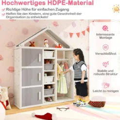 Kinderregal in Hausform mit Kleiderstange Kinder Bücherregal Spielzeugregal mit Regalen Grau