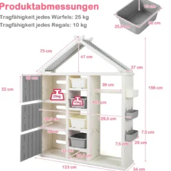 Kinderregal in Hausform mit Kleiderstange Kinder Bücherregal Spielzeugregal mit Regalen Grau