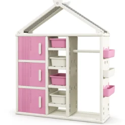 Kinderregal in Hausform mit Kleiderstange Kinder Bücherregal Spielzeugregal mit Regalen Rosa