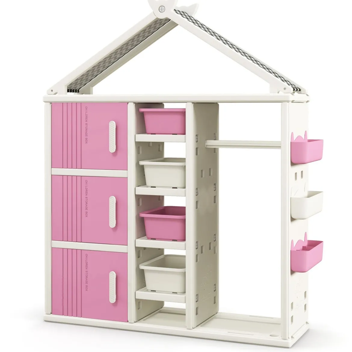 Kinderregal in Hausform mit Kleiderstange Kinder Bücherregal Spielzeugregal mit Regalen Rosa