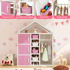 Kinderregal in Hausform mit Kleiderstange Kinder Bücherregal Spielzeugregal mit Regalen Rosa