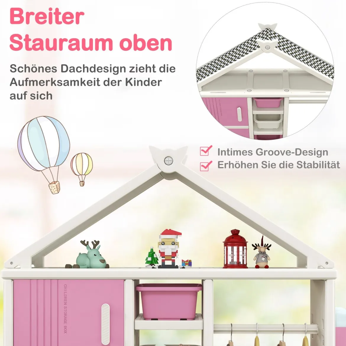 Kinderregal in Hausform mit Kleiderstange Kinder Bücherregal Spielzeugregal mit Regalen Rosa