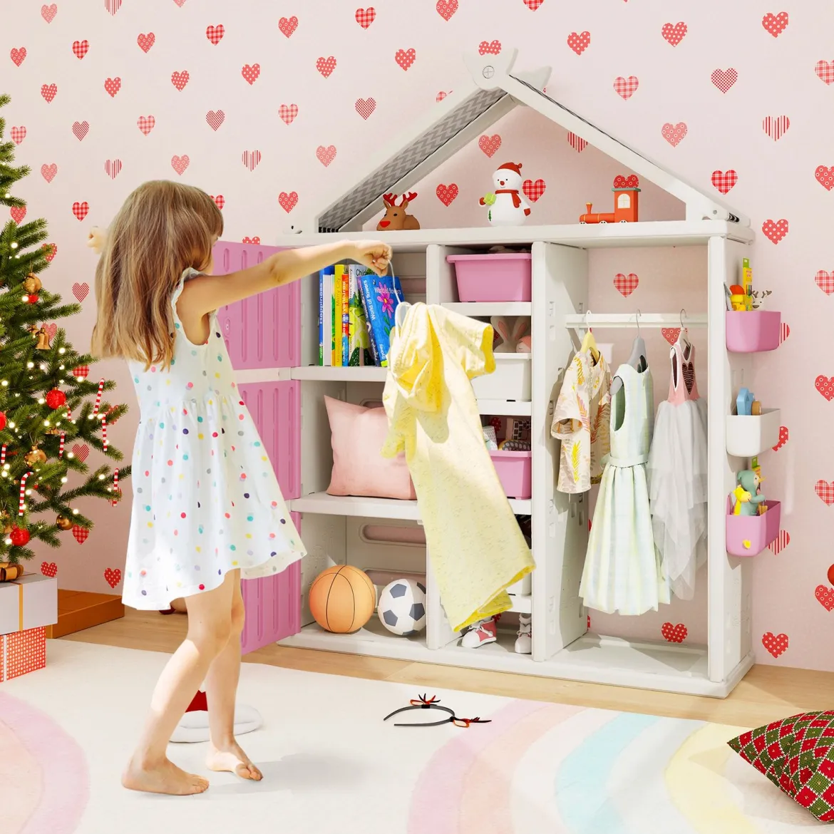 Kinderregal in Hausform mit Kleiderstange Kinder Bücherregal Spielzeugregal mit Regalen Rosa