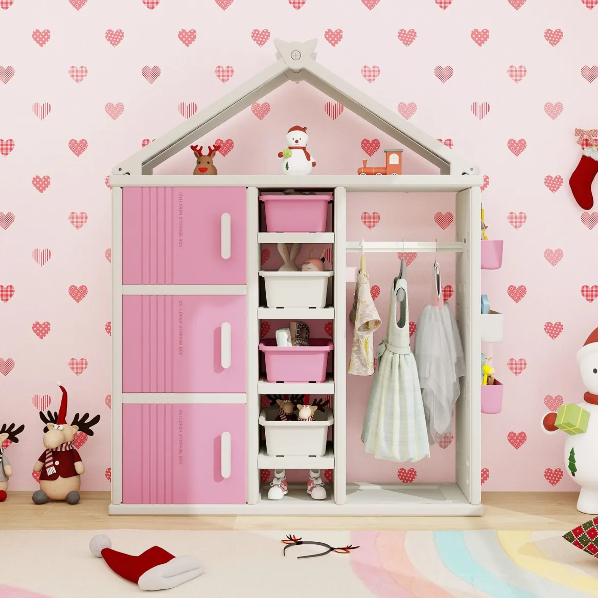 Kinderregal in Hausform mit Kleiderstange Kinder Bücherregal Spielzeugregal mit Regalen Rosa