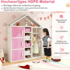 Kinderregal in Hausform mit Kleiderstange Kinder Bücherregal Spielzeugregal mit Regalen Rosa
