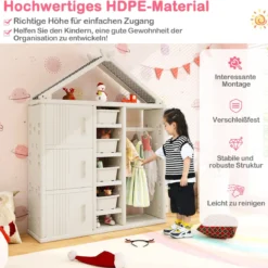 Kinderregal in Hausform mit Kleiderstange Kinder Bücherregal Spielzeugregal mit Regalen Weiß