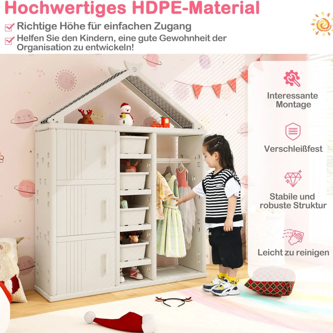 Kinderregal in Hausform mit Kleiderstange Kinder Bücherregal Spielzeugregal mit Regalen Weiß