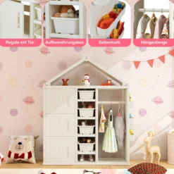 Kinderregal in Hausform mit Kleiderstange Kinder Bücherregal Spielzeugregal mit Regalen Weiß