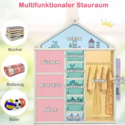 Kinderregal in Hausform mit Kleiderstange Kinder Bücherregal Spielzeugregal mit Regalen Weiß