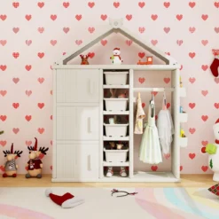 Kinderregal in Hausform mit Kleiderstange Kinder Bücherregal Spielzeugregal mit Regalen Weiß