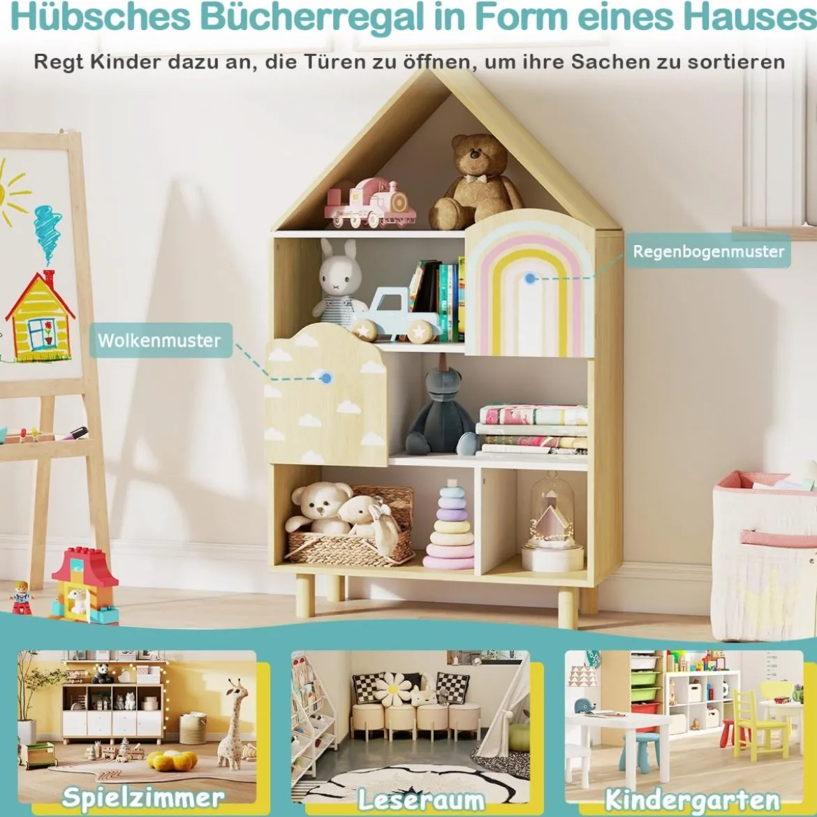 Kinderregal in Hausform mit 2 Türen & Massiven Holzbeine Kinder Bücherregal 4 Ebenen Natur