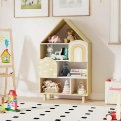 Kinderregal in Hausform mit 2 Türen & Massiven Holzbeine Kinder Bücherregal 4 Ebenen Natur